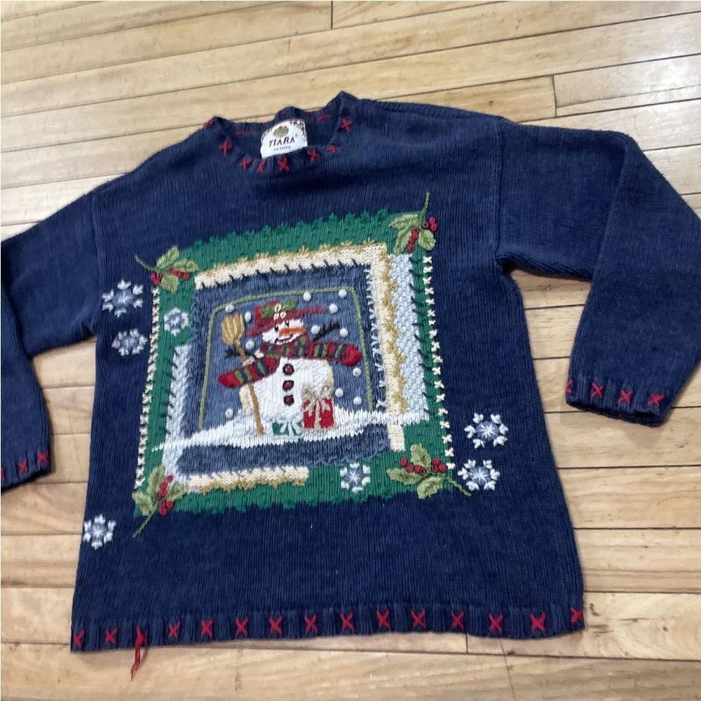 TIARA PETITES Christmas Sweater Womens M Ramie Linen Knit Blue Snowman Holiday M - Picture 2 of 16
